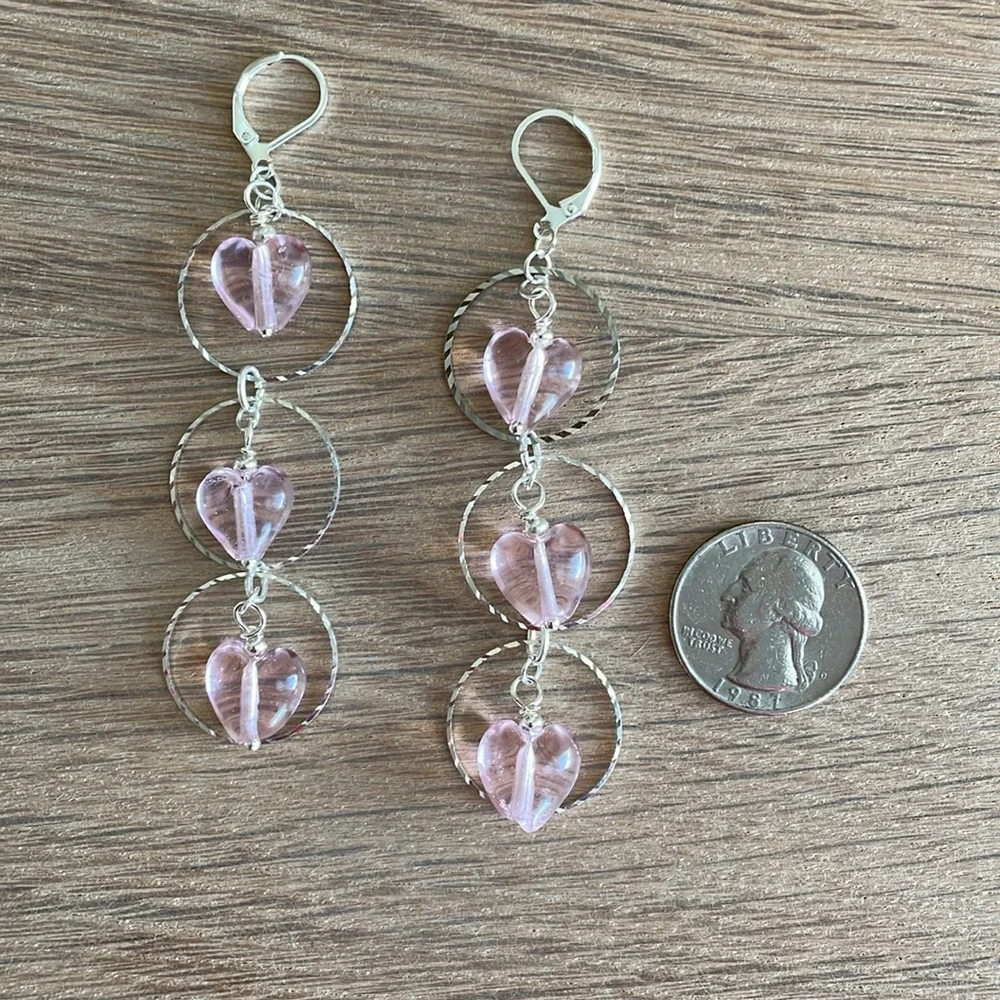 HAND CRAFTED EARRINGS Pink Hearts Silver Rings Drop Dangle Valentine’s Day